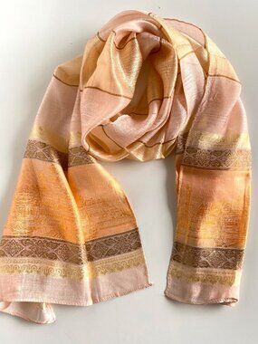 100% Silk Scarf Shawl Gold Orange Pastel Colors 19.5"x68" Wrap